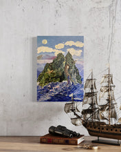 Load image into Gallery viewer, Holy Mountain Skellig Michael Soul of Ireland painting Dawn Richerson in Situ Closeup with Boat
