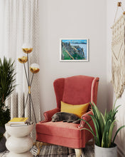 Load image into Gallery viewer, Stairway to Surrender Skellig Michael Soul of Ireland painting Dawn Richerson in Situ Living Room Chair

