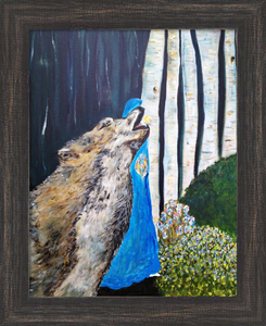 NORTH WOODS ☼ Heart of America & Magdalen Painting {Art Print} • A Faithscapes Painting by Virginia Artist Dawn Richerson • Wisconsin's North Shore with birch trees and wolf framed 11x14