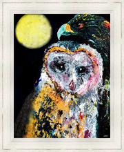 Load image into Gallery viewer, MOONLIGHT AND ALL THAT MAY BEGIN ☼ Spirited Life Owl Painting {Art Print} by Virginia artist Dawn Richerson 11x14 framed
