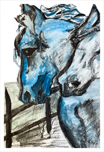 Two Horses in Blue Animal Kingdom Watercolor Dawn Richerson 12x18