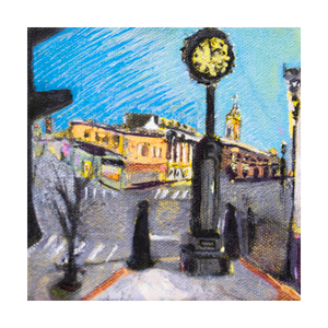 BEDFORD CLOCK TOWER ☼ Heart of America Bedford Virginia Painting {Art Print}  by Virginia artist Dawn Richerson 8x8 Main Street 5x5
