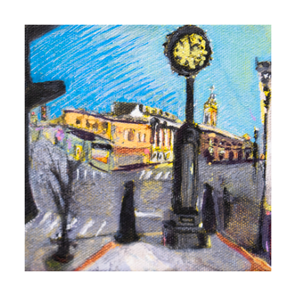 BEDFORD CLOCK TOWER ☼ Heart of America Bedford Virginia Painting {Art Print}  by Virginia artist Dawn Richerson 8x8 Main Street 5x5
