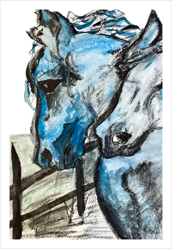 Two Horses in Blue Animal Kingdom Watercolor Dawn Richerson 8x12