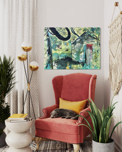 House in the Woods Soul of Ireland painting - Irish cottage painting by Dawn Richerson in Situ LR Chair