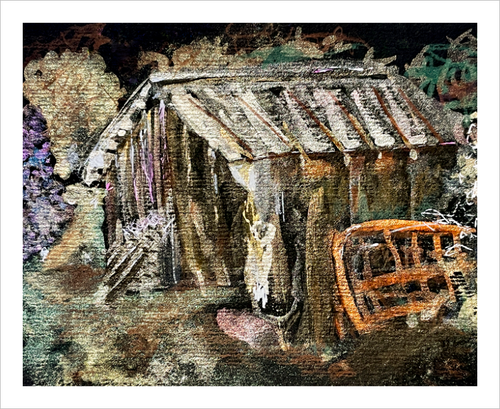 LIFE AT THE BARN ☼ Metallic Watercolor {Art Print} farm homestead painting by Virginia artist Dawn Richerson art print on black background