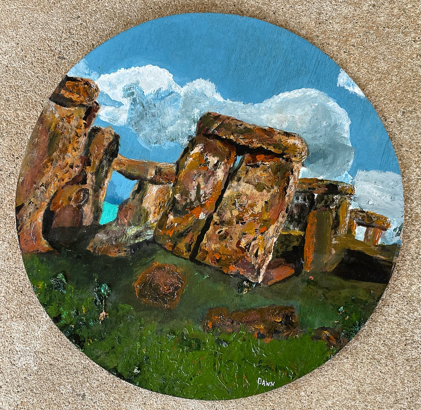 Prehistoric Rocks - Stone and Sky - Stonehenge painting by Dawn Richerson round 8x8